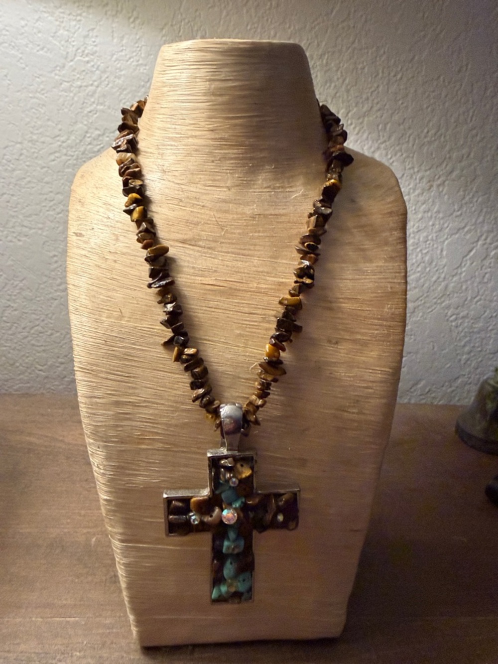 Handmade Tiger Eye Bead Necklace with Turquoise Cross Pendant